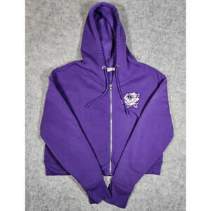 Birch & Stone Womens Cropped Purple Floral Dragon Graphic Hoodie Size Medium